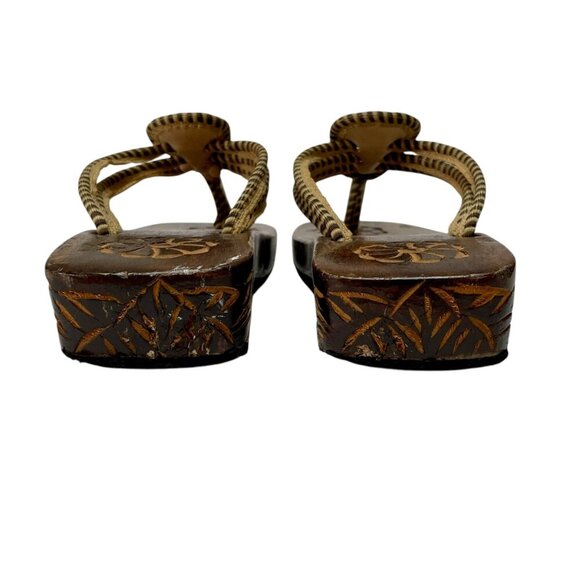 Carved Wooden Japanese Inspired Raffia Flip Flop Platform Thong Sandals Sz 6/6.5 - Picture 5 of 9